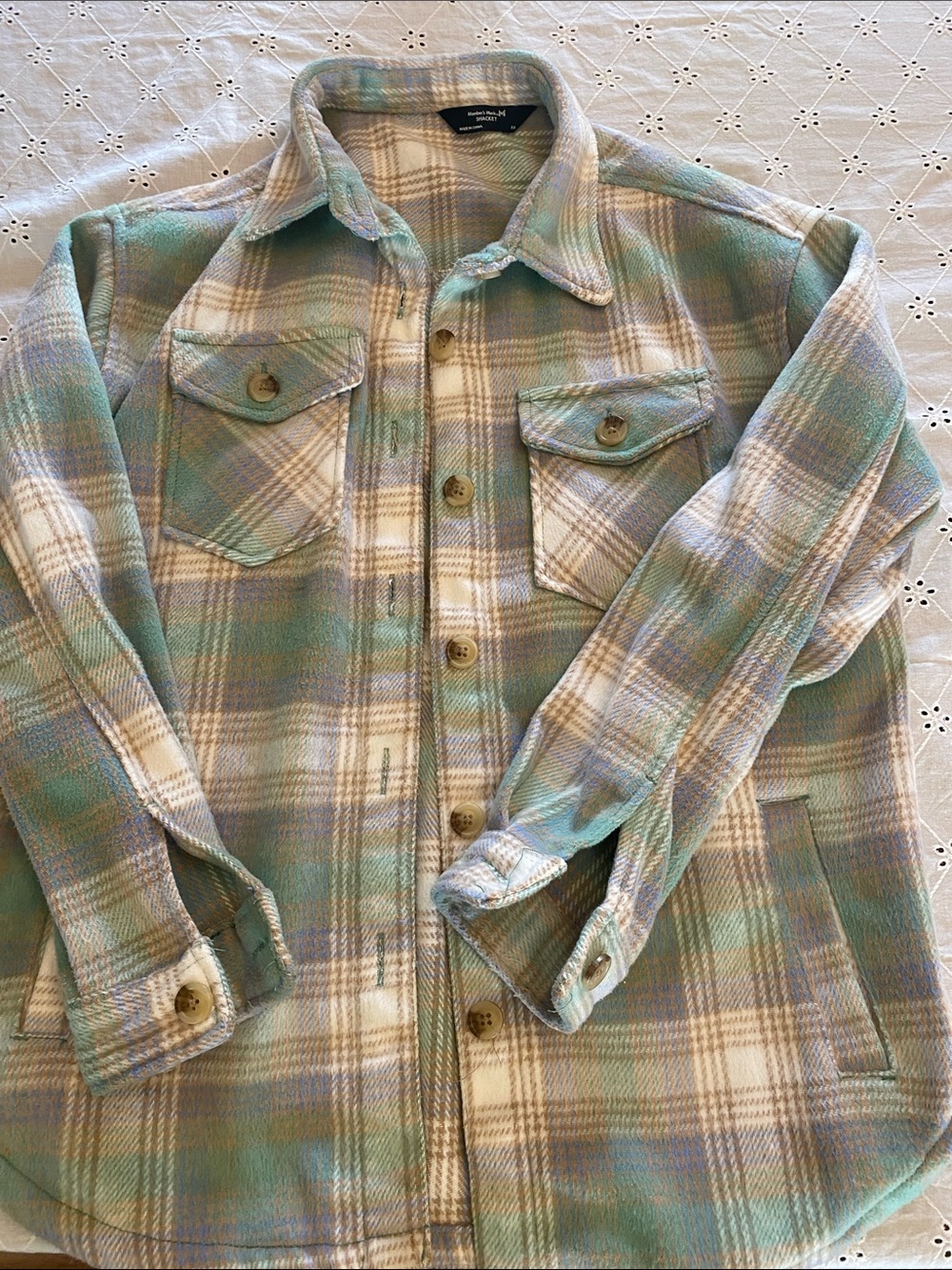 Plaid Button-Up Shacket in Soft Sage and Cream